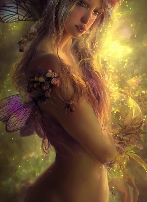 Prompt: beautiful beautiful full body portrait fairy faerie fey fae queen highly detailed CGsociety subtle enchanting alluring magical concept art volumetric lighting subsurface scattering unreal