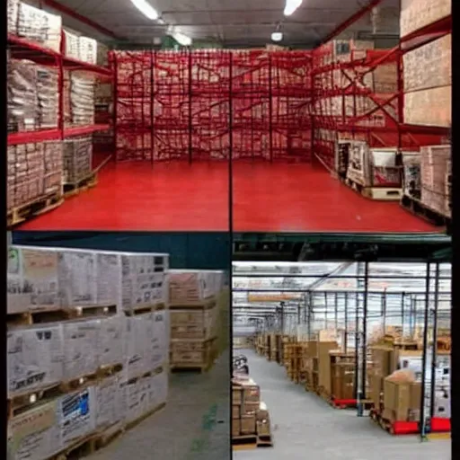 Image similar to two frames of equal size, the first a warehouse full of boxes, the second is exactly the same picture except the boxes are red