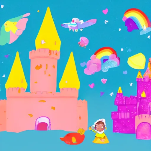 Image similar to small bird with a human head holding a piece of heavy cheese housing a mouse vomiting a rainbow, a big pink fluffy castle with slime canons in the background. small pilot princesses flying in space brownies attacking the fluffy castle