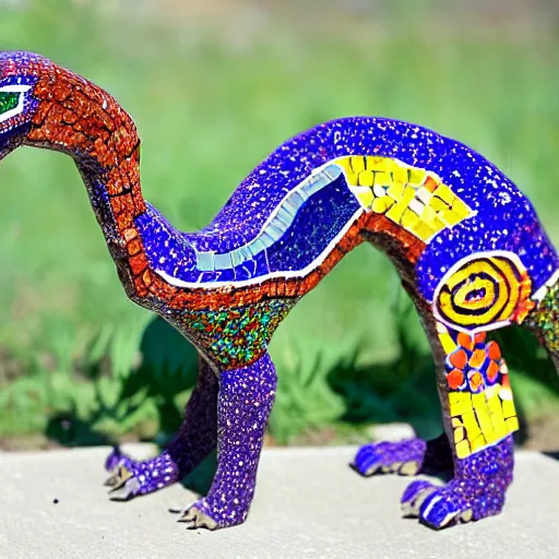 Image similar to mosaic sculpture of a alebrije chimera!!!, irregularly shaped mosaic tiles, hand glazed pottery shards, in the style of folk art, in a cottagecore flower garden