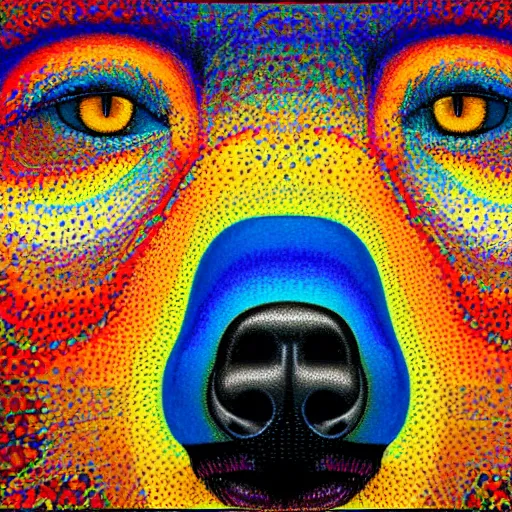 Image similar to a painting of a bear's face with red, yellow, and blue colors, a pointillism painting by mati klarwein, shutterstock contest winner, computer art, impressionism, digitally enhanced, painterly