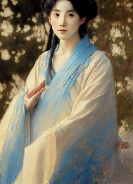 Image similar to detailed portrait of ju jingyi wearing hanfu, natural light, painting by gaston bussiere, craig mullins, j. c. leyendecker