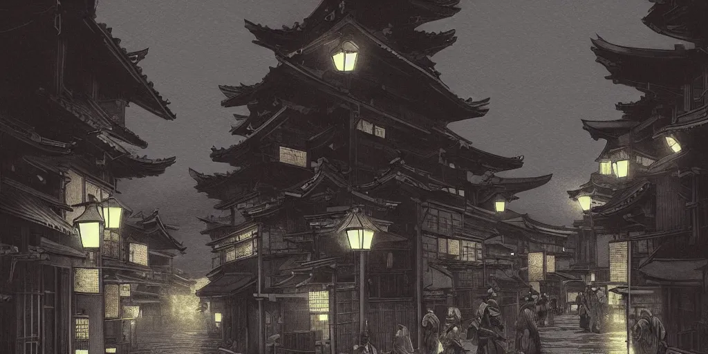 Image similar to feudal japan tokyo street at night, street level, cinematic lighting!!, 4k, trending on artstation, intricate illustration, fast sketch!!!!, rough, ultra detailed, art by albert bierstadt