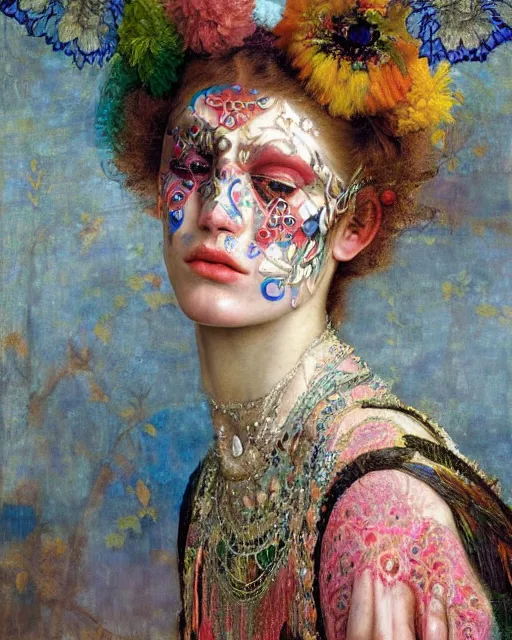 Image similar to a beautiful girl wearing colourful face paint surrounded by bright intricate patterns, by edgar maxence and caravaggio and michael whelan, intricate painting, hyper realistic, extremely detailed and beautiful aesthetic face, 8 k resolution