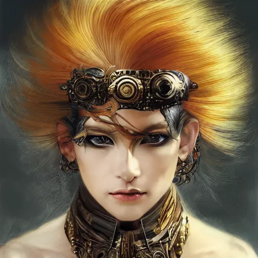 Image similar to portrait, headshot, insanely nice professional hair style, dramatic hair color, digital painting, of a old 17th century, old cyborg merchant, amber jewels, baroque, ornate clothing, scifi, realistic, hyperdetailed, chiaroscuro, concept art, art by Franz Hals and Jon Foster and Ayami Kojima and Amano and Karol Bak,