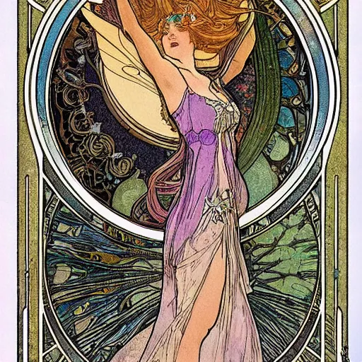 Prompt: princess fairy creating parallels universes, art nouveau by Mucha, beautiful detailed illustration