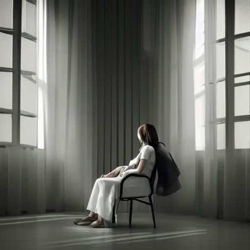 Image similar to a woman in a white dress sitting in a chair, volumetric lighting, photorealistic, criterion collection, featured on cg society, shutterstock contest winner, award - winning photograph, mysterious