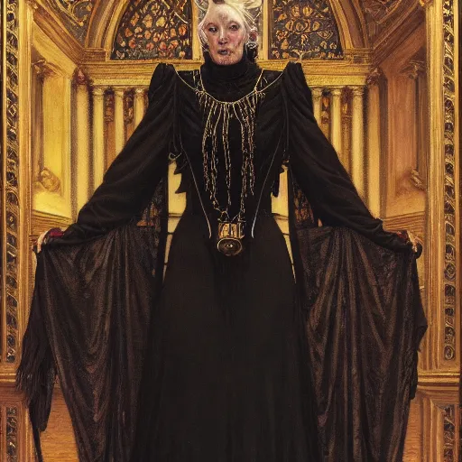 Image similar to portrait of a witch, dressed in black clothes embroidered with gold, by donato giancola, gerald brom, and berthold woltze.