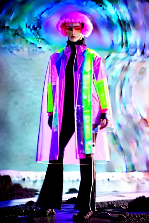 Image similar to an ultra high definition professional high fashion portrait studio full length photograph of a model wearing a transparent pearlescent raincoat and neon visor in an icelandic black rock environment at dawn. no artefacts. extremely detailed. stark. refraction. shallow depth of field. volumetric light and shadow. ray tracing. light rays.