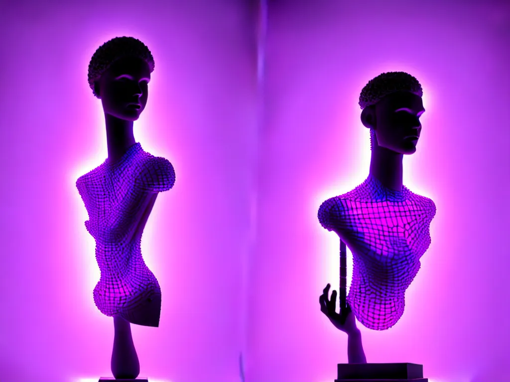 Image similar to beautiful mannequin sculpted out of amethyst by billelis + lit with purple 3 d geometric neon + chrome geometric cubed bonsai plants!!!!, doorway opening with neon pink geometric light, clean linework, dramatic, finely detailed, rule of thirds, moody, confident, award winning, 4 k, trending on artstation, photorealistic, volumetric lighting, octane render