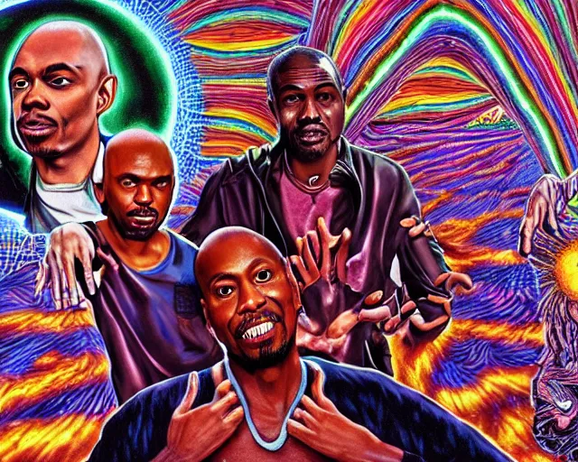 Image similar to A photo of Dave Chappelle, Kayne West, and Jackie Chan doing LSD, By Rainer Hosch, and Alex Grey