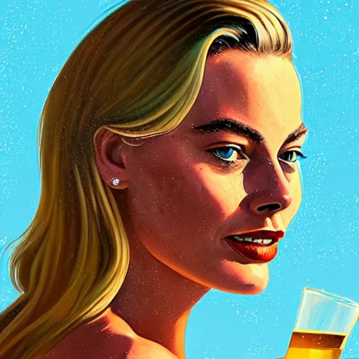 Image similar to a portrait of margot robbie holding a coctail on the beach, beautiful face, highly detailed, digital art