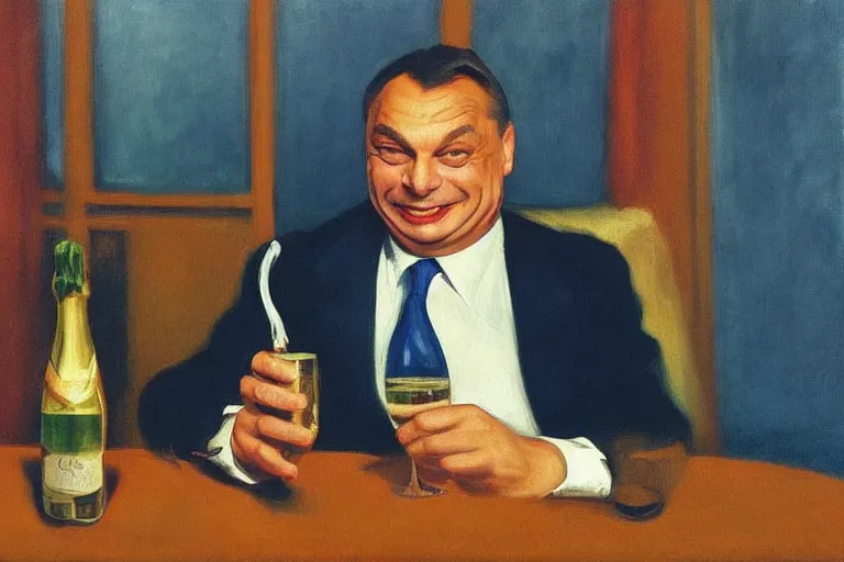 Prompt: viktor orban drinking champagne, smoking cigar, laughing hard, highly detailed face by edward hopper