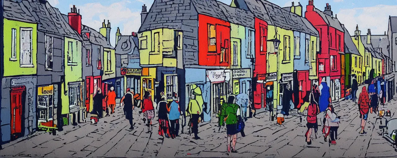 Prompt: a painting of street life in kirkwall orkney, Screen printing