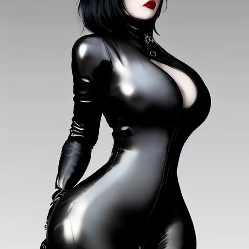 Image similar to curvy feminine pale goth woman with elegant tight black-silver nylon and latex outfit, cgsociety, realistic, highly detailed, sublime, 16k, smooth, sharp focus, trending on ArtStation, hyperdetailed, volumetric lighting