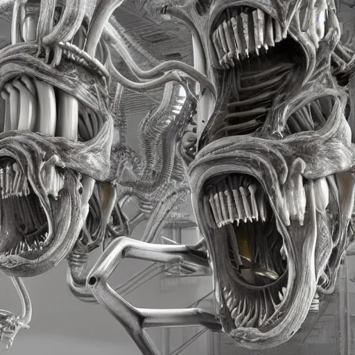 Prompt: highly detailed anatomical biomechanical industrial factory made to chew objects, biomechanical xenomorph machine made of teeth gums sinew muscle, disturbing biohorror saliva and ooze cinematic 3 d render unreal engine, photorealistic, volumetric lighting, photographed by hr giger, rendered by hr giger, designed by hr giger