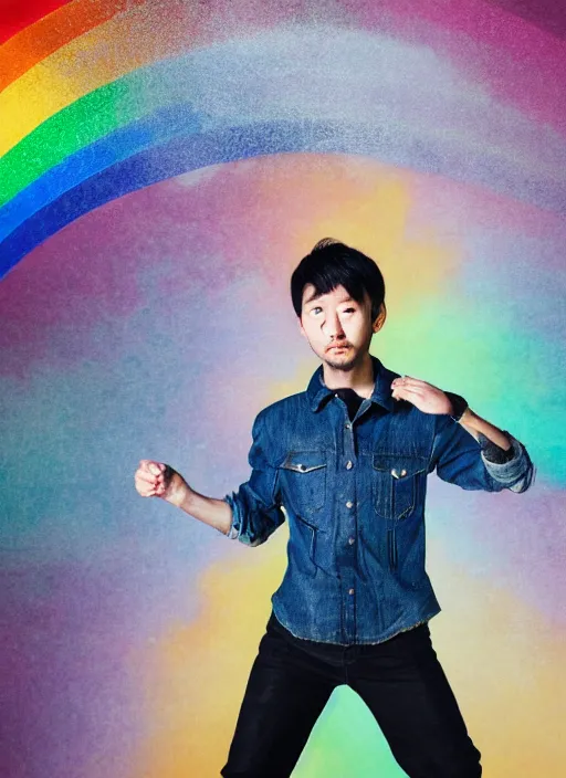 Image similar to japanese man with short hair and a beard wearing denim and leather clothes dancing next to a rainbow, full body portrait, dynamic lighting