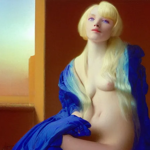 Image similar to a young woman's face, her hair is white and she wears a cobalt blue satin cloak, by ivan aivazovsky and syd mead and moebius and gaston bussiere and roger dean and pieter claesz and paul delaroche and alma tadema and aelbert cuyp and willem claesz, hyperrealistic, volumetric light, octane render