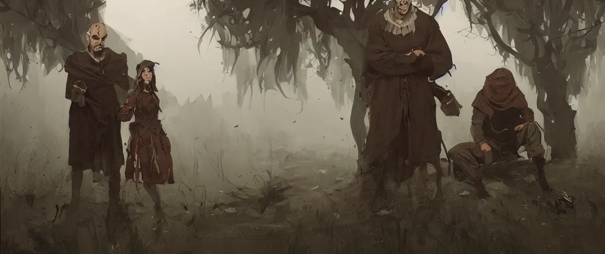 Image similar to comic noir illustration 3 / 4 portrait of bald merchant without beard and without hat. demonic stare. medieval clothes with pouches. brown tunic. sitting below willow tree in a foggy evening by sachin teng and sergey kolesov and ruan jia and heng z. graffiti art, scifi, fantasy, hyper detailed. octane render. concept art. trending on artstation