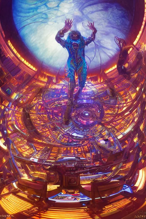 Image similar to a fisheye lens photo of a futuristic tribal dj tweaking and playing synthesizers in the most complicated and technical spiral fractal musical studio, powerful, cinematic, beautifully lit, by donato giancola, by artgerm, by karol bak, 3 d, perfect face and body, trending on artstation, octane render, 8 k