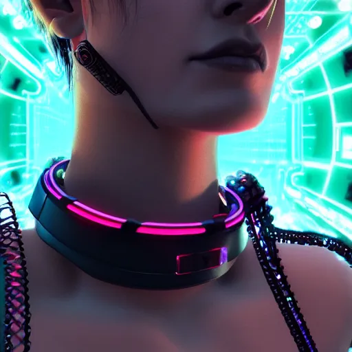 Prompt: realistic female character cyberpunk wearing technological collar around neck, realistic, art, beautiful, 4K, collar, choker, collar around neck, punk, artstation, detailed, female, woman, choker, cyberpunk, punk, collar, choker, collar around neck,