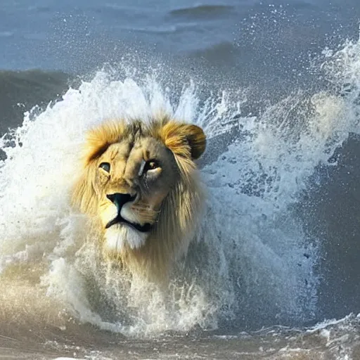 Image similar to a lion's face breaching through a wave, stormy weather