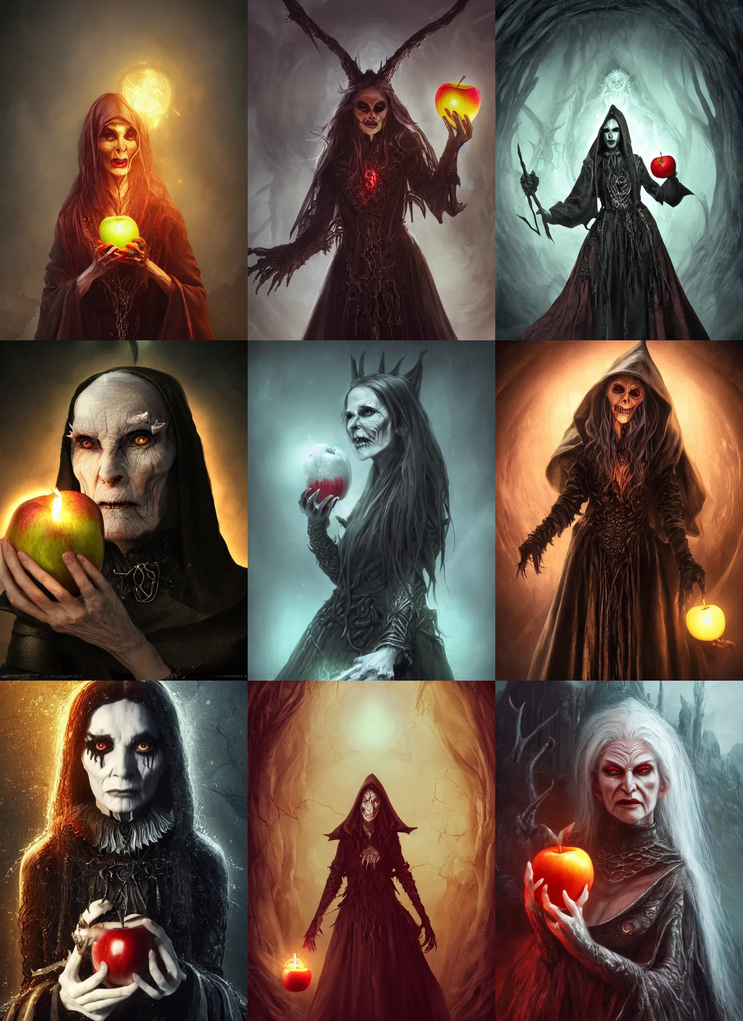 Prompt: ultra detailed fantasy creepy old satanic witch holding an apple, elden ring, realistic, dnd character portrait, full body, dnd, rpg, lotr game design fanart by concept art, behance hd, artstation, deviantart, global illumination radiating a glowing aura global illumination ray tracing hdr render in unreal engine 5