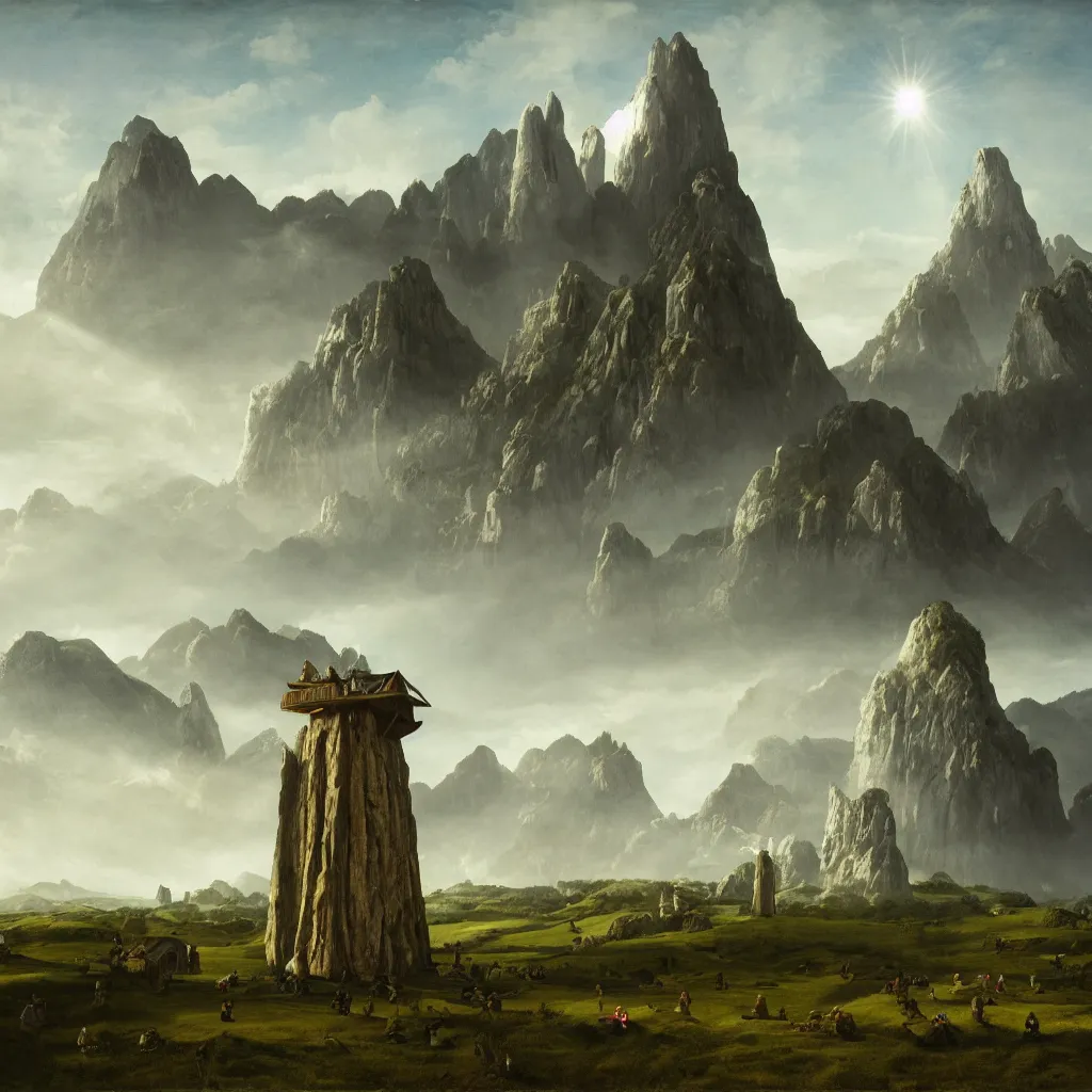 Image similar to a large single monolith with a hobbit house on top in the middle of a wide open field from a distance with mountains in the background and god rays shining through the coulds on the monolith, epic, cinematic, walton ford, jan van eyck, walton ford, fine details, high contrast