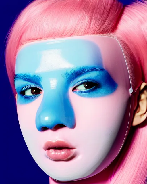 Image similar to symmetrical close - up portrait of a woman wearing a translucent silicone beauty mask and pink hair, wearing a black bodysuit by alexander mcqueen, blue background, soft diffused light, biotechnology, humanoide robot, bjork aesthetic, translucent, by rineke dijkstra, intricate details, highly detailed, masterpiece,