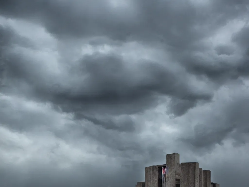 Image similar to photo of a brutalist building in the middle of a storm. realistic clouds that resemble levitating large rocks. impressive, magical, very atmospheric, fog, cinematic, deep, very high complexity, stunning, dramatic masterpiece, iridescent, chiaroscuro, romantism, very detailed. 4 k