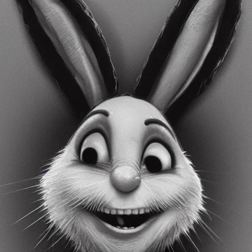 Image similar to A extremely highly detailed majestic hi-res beautiful, highly detailed head and shoulders portrait of a scary terrifying, horrifying, still of a creepy black cartoon rabbit in eraserhead with scary big eyes, earing a shirt laughing, hey buddy, let's be friends, in the style of Walt Disney animation