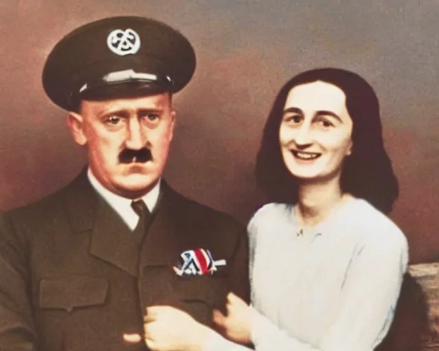 Prompt: a colourised and restored photo of Adolf Hitler together with Anne Frank as a happy couple, high quality, 8k,