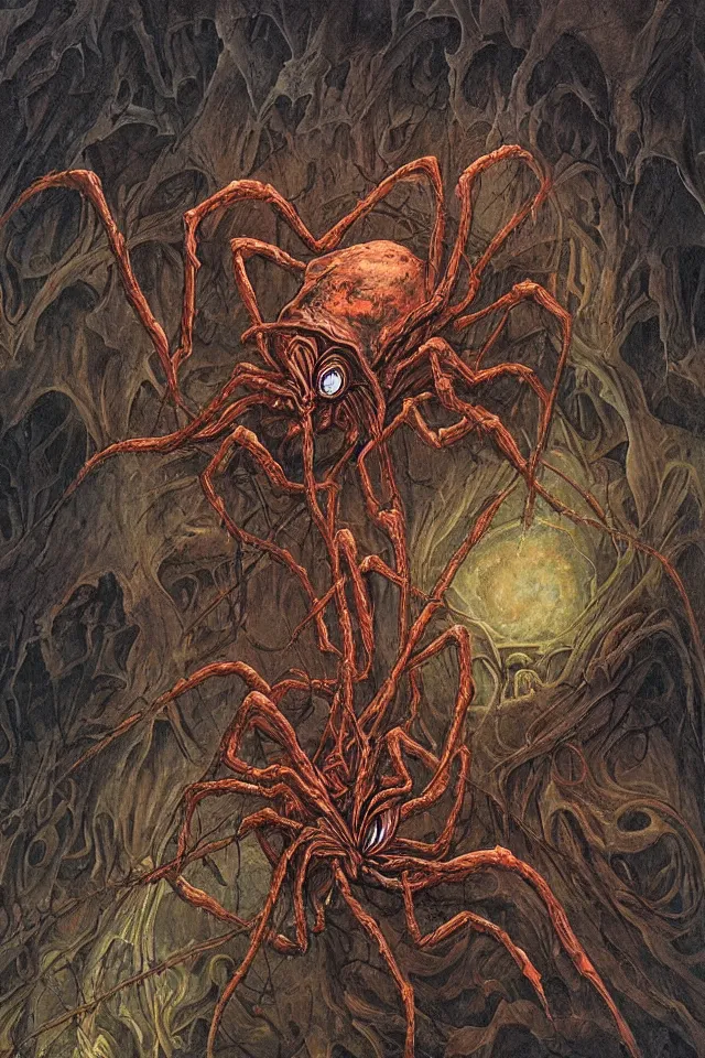 Image similar to alien spider floating in a dark cave with intricate writing on the walls contrasting colors, Dan Seagrave