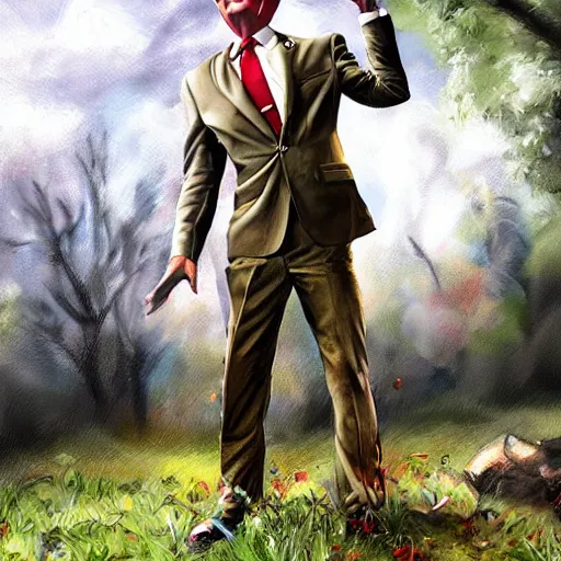 Prompt: ron burgandy as rambo in a park, hyperrealistic, hyperdetailed, political cartoon, concept art, oil painting