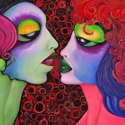 Prompt: expressive painting by francesca sundsten of two bizarre psychedelic femme creatures kissing each other closeup. they are part of an alien landscape. speculative evolution, exobiology