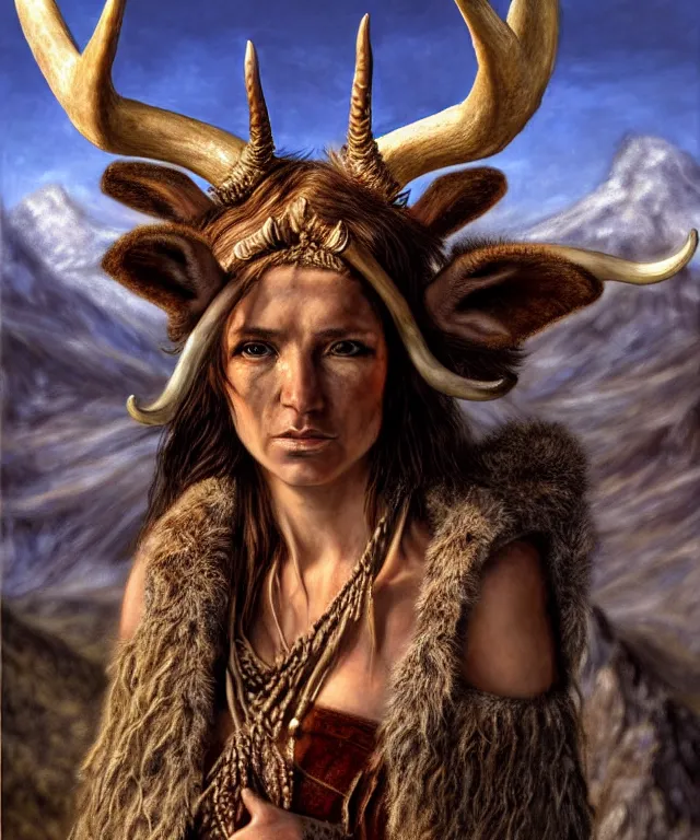 Image similar to a detailed horned antelopewoman stands among the mountains. wearing a ripped mantle, robe. perfect faces, extremely high details, realistic, fantasy art, solo, masterpiece, art by daniel e. greene, johannen voss, zoey frank, vincent desiderio