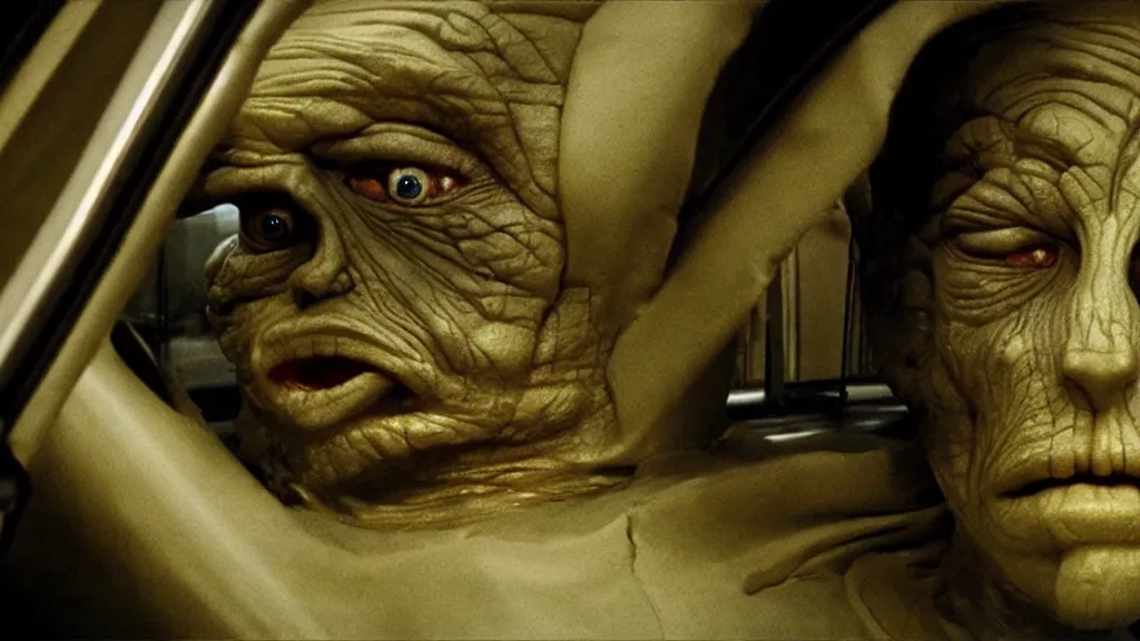 Image similar to the creature sits in a car, made of wax and metal, they look me in the eye, film still from the movie directed by Denis Villeneuve and David Cronenberg with art direction by Salvador Dalí, wide lens