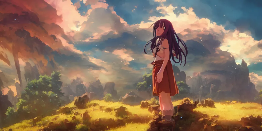 Prompt: isekai masterpiece anime girl standing tree log looking up at giant crystals, high noon, cinematic, very warm colors, intense shadows, ominous clouds, anime illustration, anime screenshot composite background by mandy jurgens, by irina french, by rachel walpole, by alyn spiller