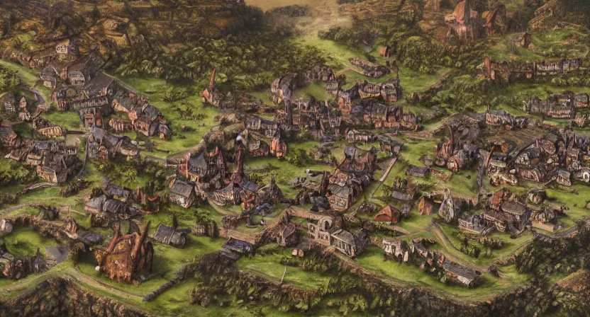 Image similar to Detailed overhead Photorealistic Map of small village in magical world, wartorn, fire, evil, mist, siege, battlefield, trenches, gritty, dragon overhead, goblins, orcs, giants, forest, Greg Rutkowski, trending on Artstation