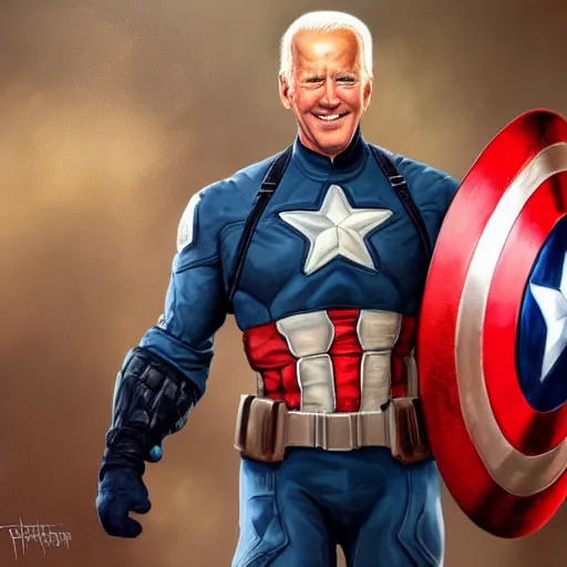 Image similar to hyperrealistic fbody concept art of Joe Biden as Captain America, oil on canvas, in the style of J.C. Leyendecker, Ross Tran and WLOP, 4k, smooth, sharp focus, extremelydetailed