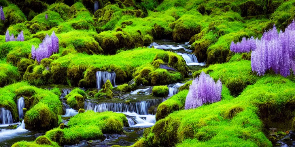 Prompt: photo of a landscape with lush forest nad flowers, wallpaper, very very wide shot, iceland, new zeeland, green flush moss, national geographic, award landscape photography, professional landscape photography, waterfall, stream of water, wisteria flowers, big sharp rock, ancient forest, primordial, sunny, day time, beautiful