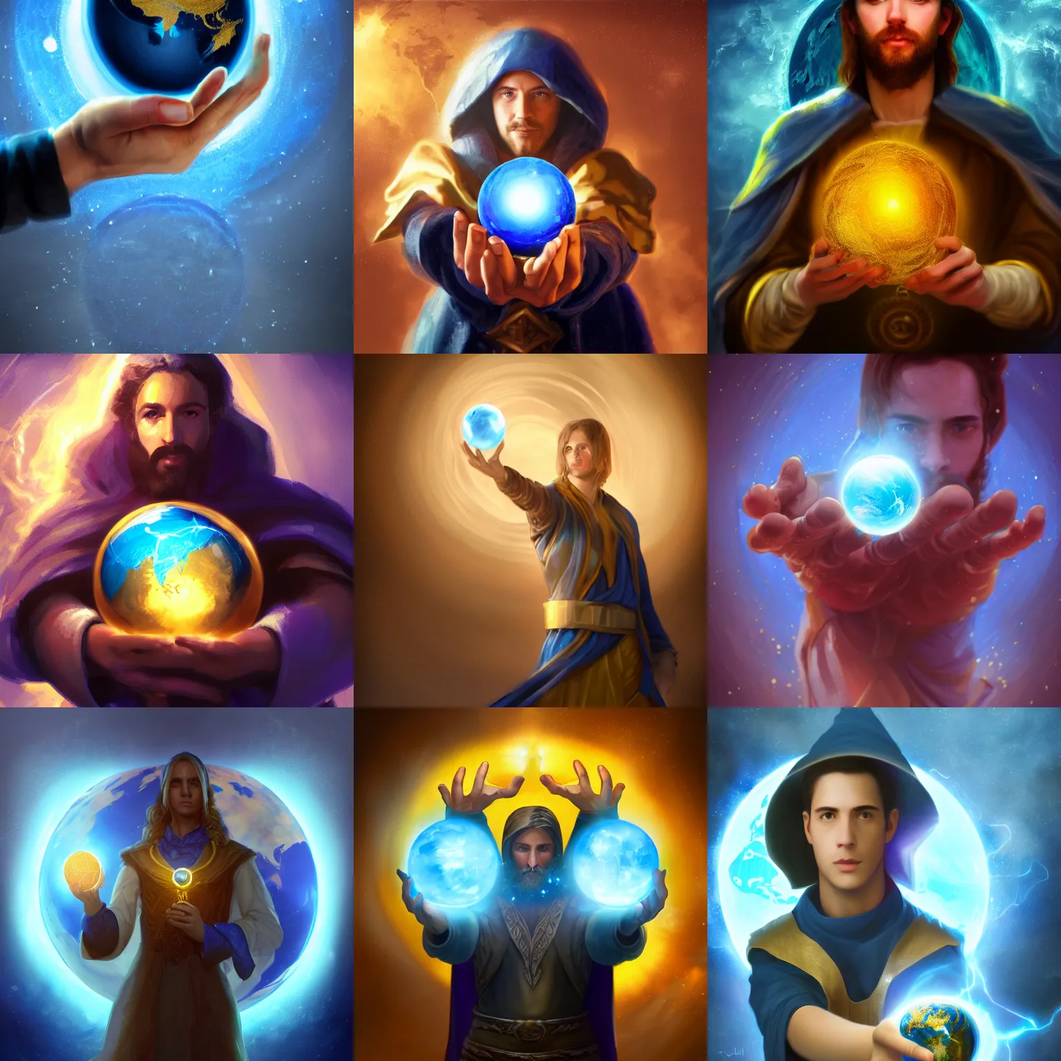 Prompt: Half-length portrait of a mage holding levitating planet earth between his hands. Blue and gold lighting. Fantasy, digital painting, HD, detailed, artstation, 4k.