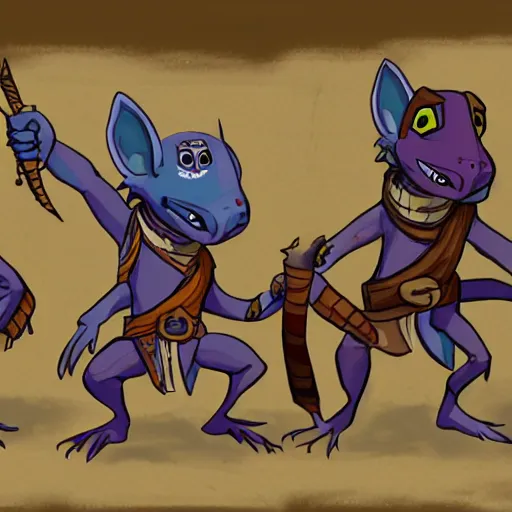 Image similar to stylised concept art of a D&D kobold in alternate outfits