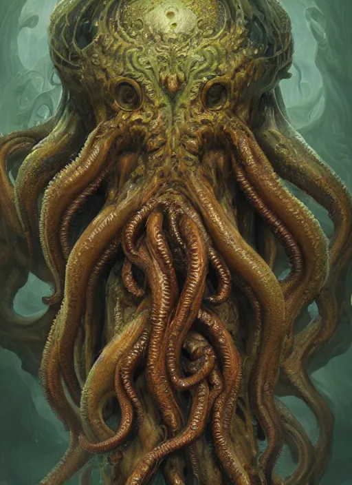 Image similar to portrait of cthulhu, hyper detailed, digital art, trending in artstation, cinematic lighting, studio quality, smooth render, unreal engine 5 rendered, octane rendered, art style by klimt and nixeu and ian sprigger and wlop and krenz cushart.