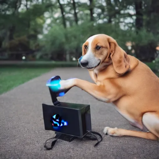 Image similar to a dog using a playstation, professional photography