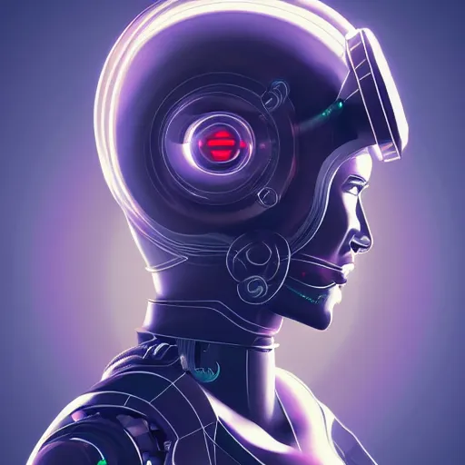 Prompt: retro vintage sci - fi, cyber robot wearing vr headset, 3 d illutration, profile face portrait, night, detailed, cyberpunk style, character, ai, detailed,