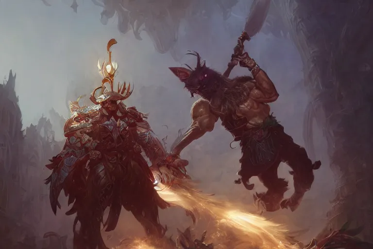 Prompt: a muscular tunisian man wearing plants fighting a cat wearing a crown and cape wielding a scepter, fantasy, digital painting, volumetric light, intricate, sharp, focus, bloom, illustration, highly detailed, concept art, matte, ruan jia, randy vargas, greg rutkowski