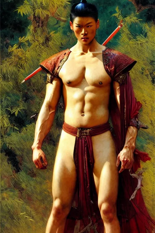 Image similar to wuxia, muscular male, character design, ancient china, colorful, painting by gaston bussiere, craig mullins, j. c. leyendecker, tom of finland