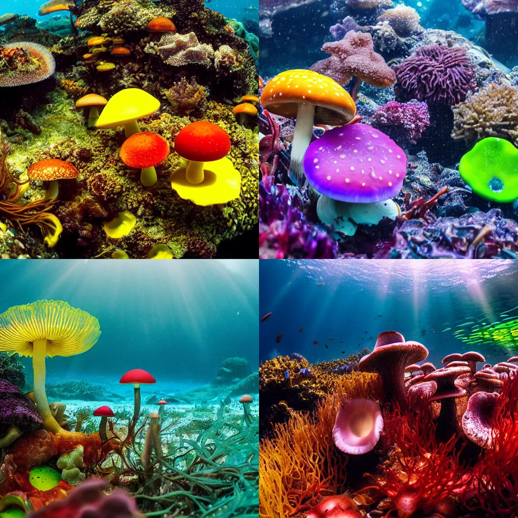 Prompt: underwater mushroom forest, colorful mushrooms, kelp in the background, colorful nudibranchs crawling along the ocean floor, sunbeams, macro photo, stunning, National Geographic photography