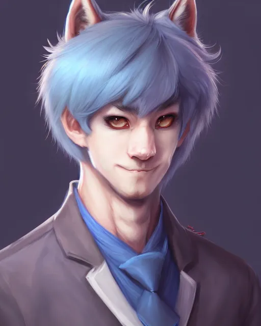 Image similar to character concept art, cute adult male anthropomorphic furry, cute fine face, darkblue werewolf, pants, pretty face, key visual, long human lightblue hair, realistic shaded furry face, fine details by stanley artgerm lau, wlop, rossdraws, james jean, andrei riabovitchev, marc simonetti, and sakimichan